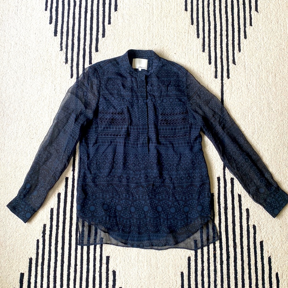 3.1 Phillip Lim Blue Black Printed Silk Button Up Blouse Tunic Sheer Sleeves